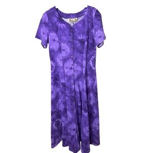 Illusions Purple Tie Dye Button Front Maxi Dress Vintage Short Sleeve Size L